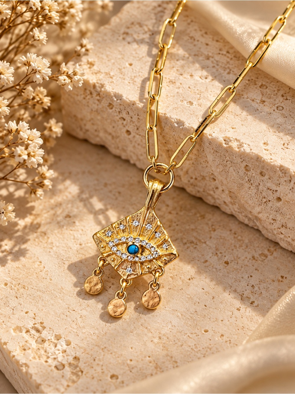 Gold Evil Eye Pendant Necklace with Blue Accent